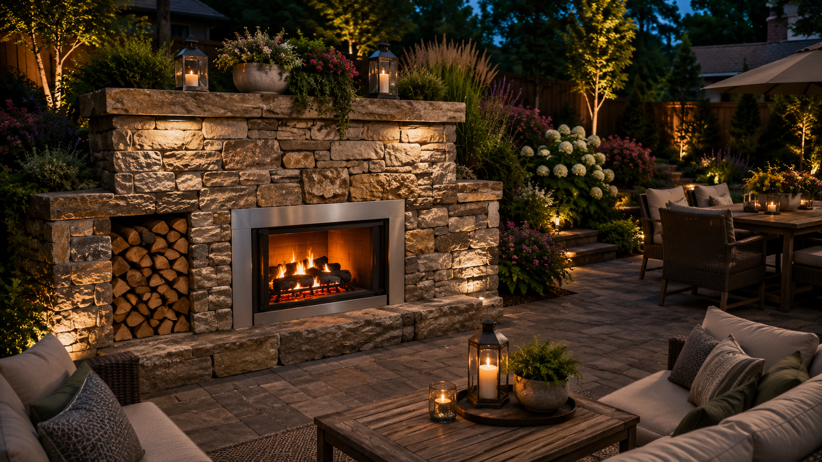 Wood outdoor fireplace with natural stone surround, stacked firewood, and landscaped backyard patio