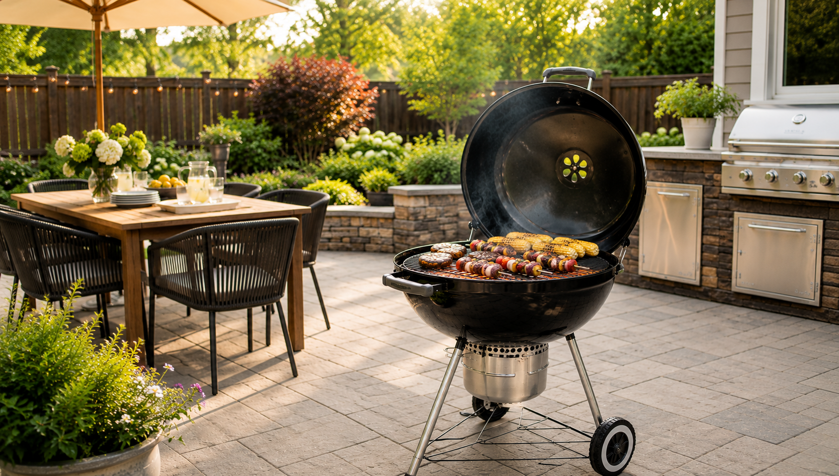Premium charcoal grill with open lid on backyard patio cooking area in Olympia WA