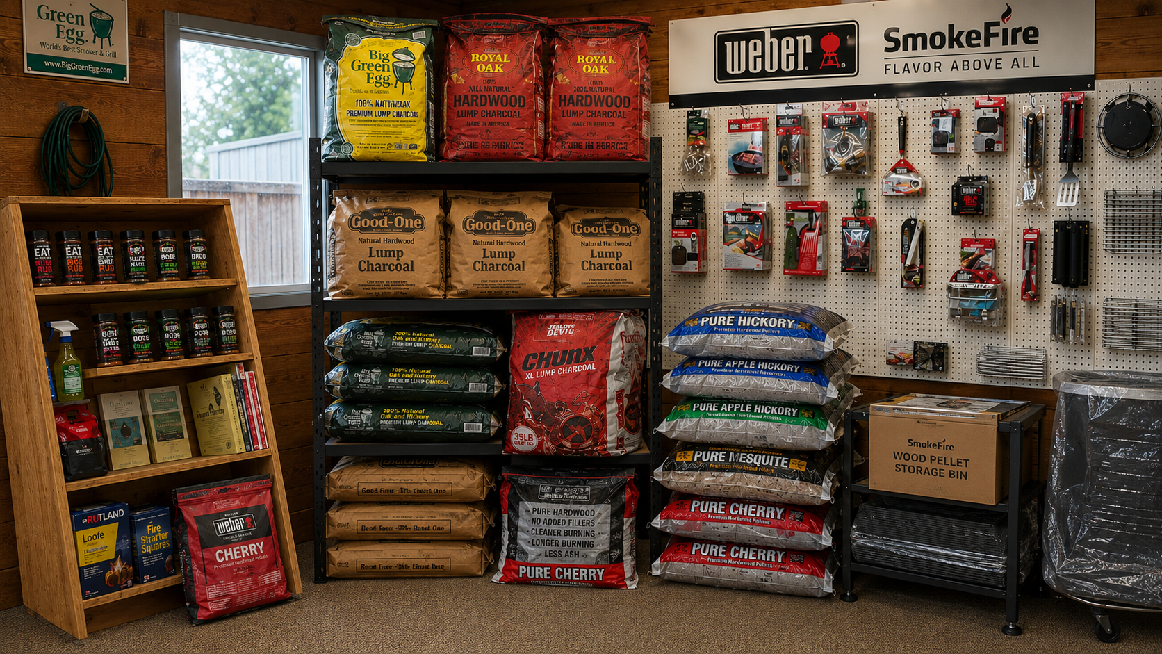 BBQ fuel, charcoal, pellets, rubs, seasonings, and grilling accessories displayed inside the showroom