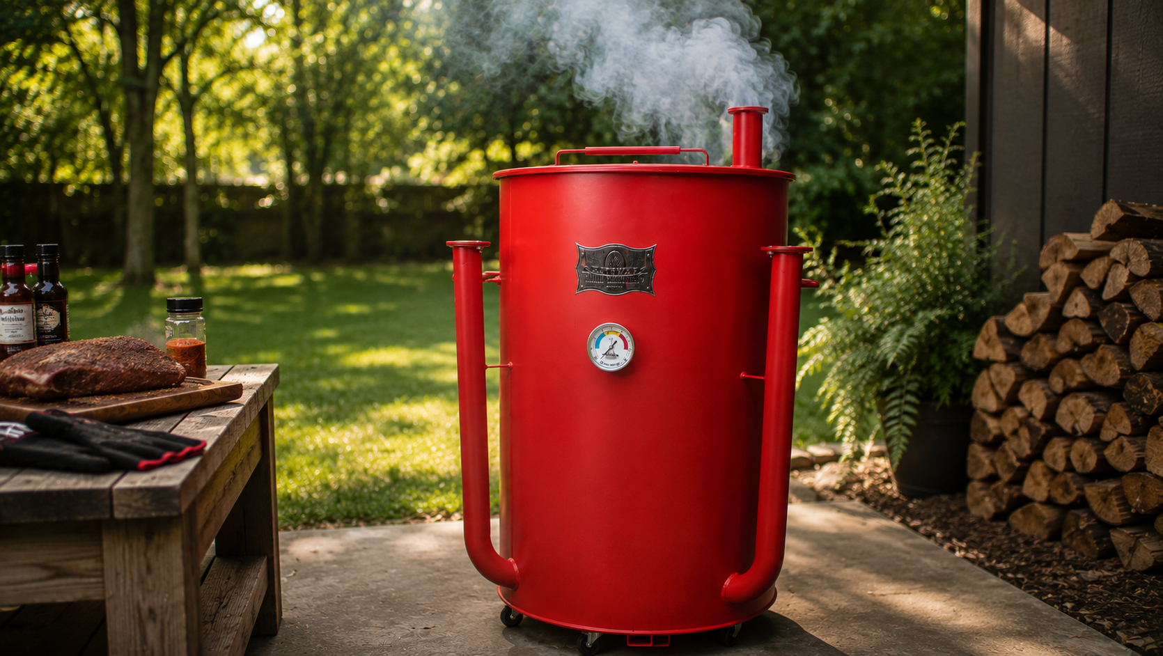 Red Gateway Drum Smoker for charcoal barbecue and low-and-slow smoking in a backyard setting
