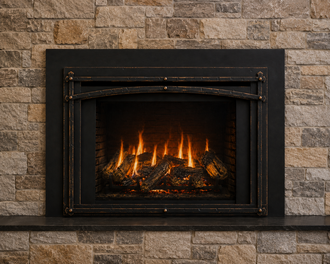Enviro E33i gas insert with realistic flames and rustic trim