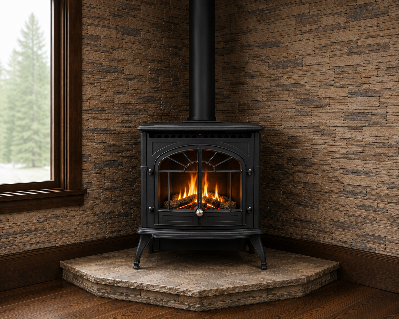 Enviro Empress pellet stove with black finish and corner hearth installation
