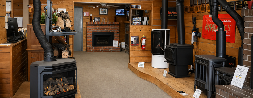Fireplace and stove displays inside the Capital City Stove & Grill Center showroom
