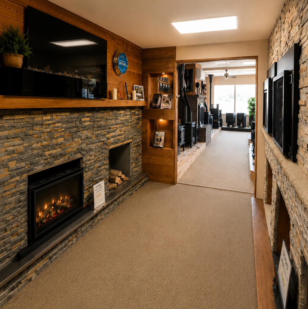Fireplace showroom with gas fireplaces, wood stoves, and hearth displays at Capital City Stove & Grill Center in Olympia WA