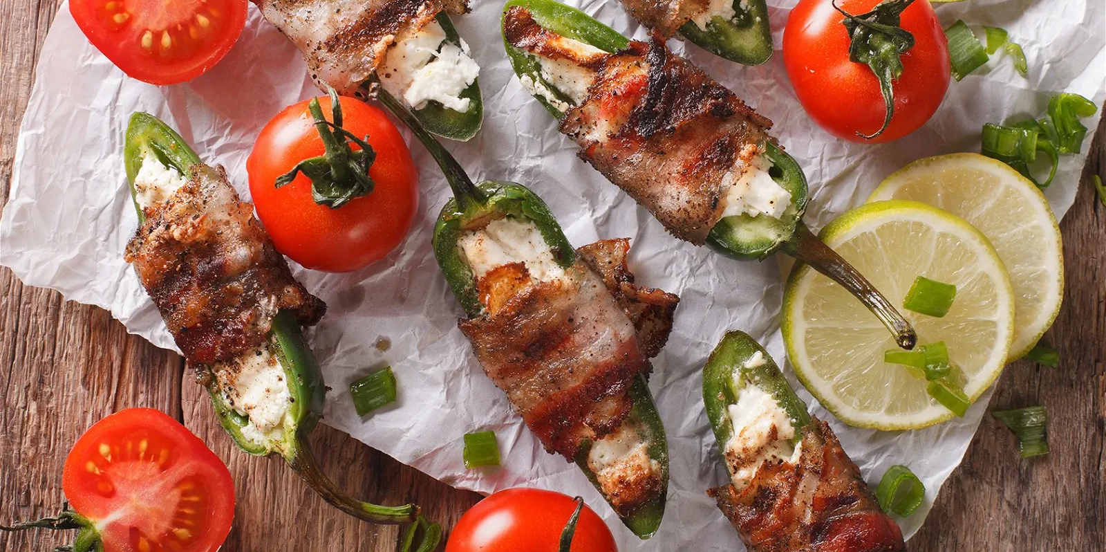 Bacon-wrapped jalapeño poppers stuffed with cheese and smoked over live fire on a drum cooker