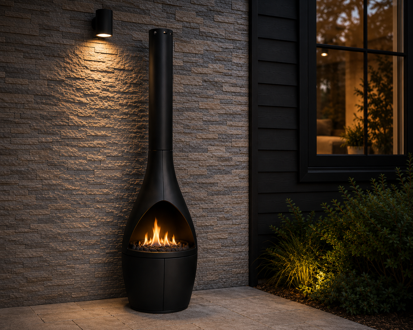 Morso Kamino outdoor wood fireplace with tall chimney and backyard patio setting