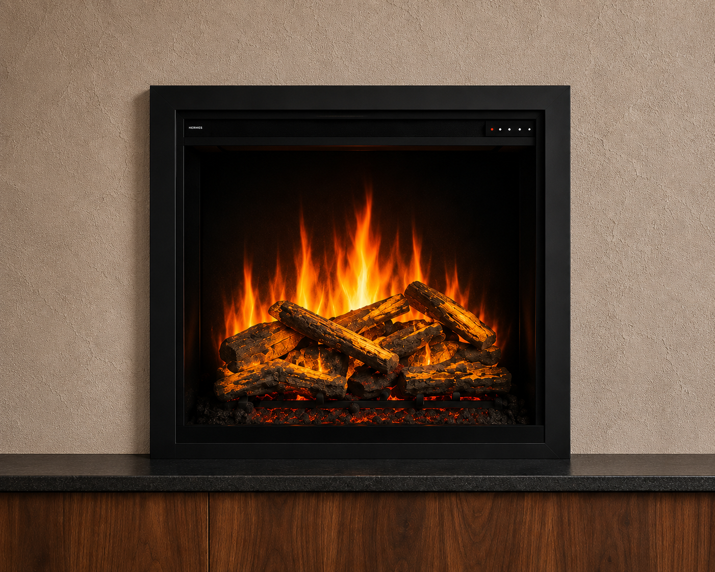 Napoleon Ascent GX70 gas fireplace with realistic flames and decorative log set