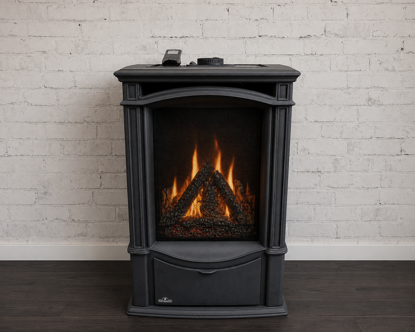Napoleon Castlemore cast iron gas stove with realistic flames and decorative detailing