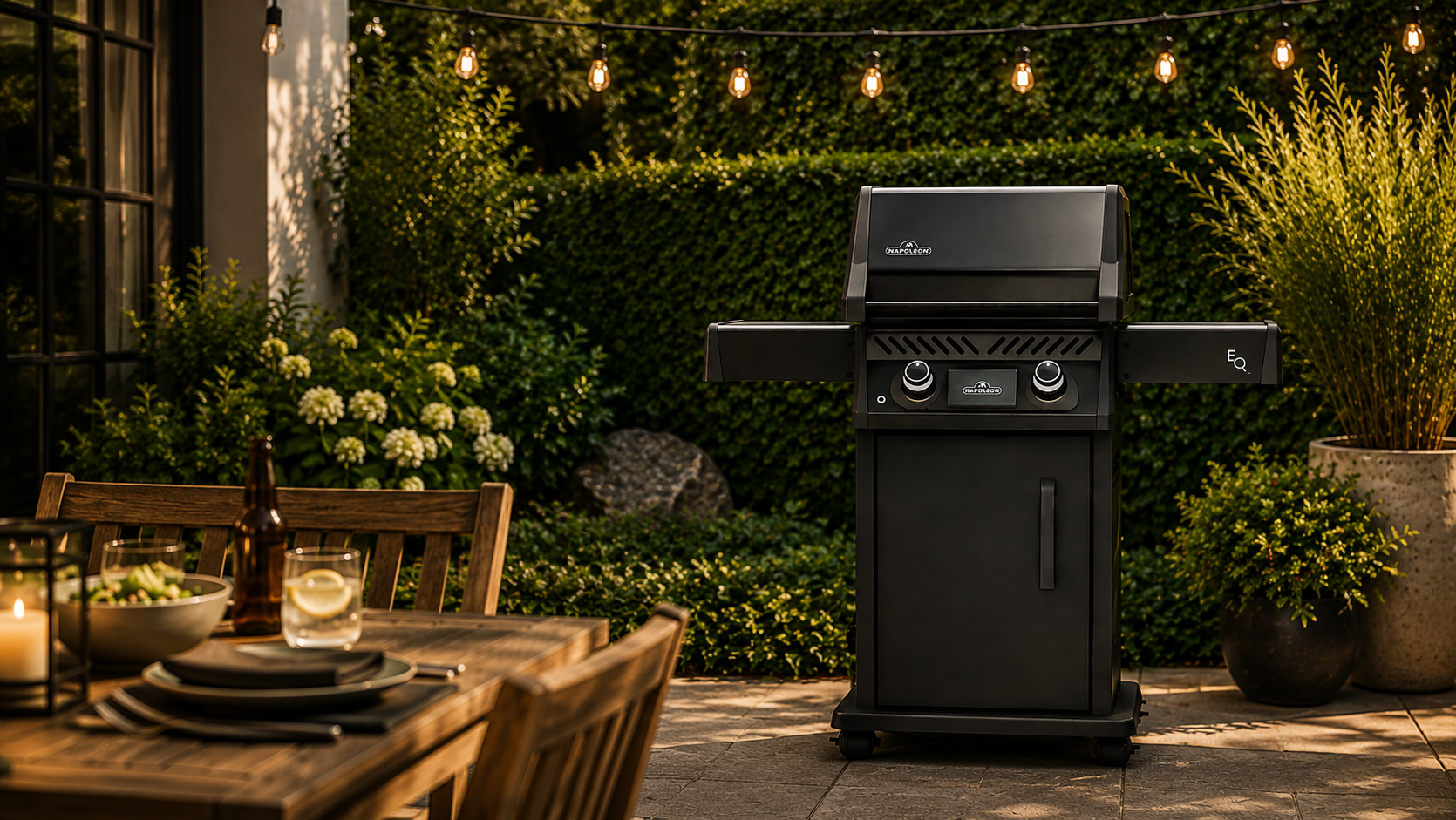 Modern electric grill on backyard patio with outdoor dining and entertaining setup