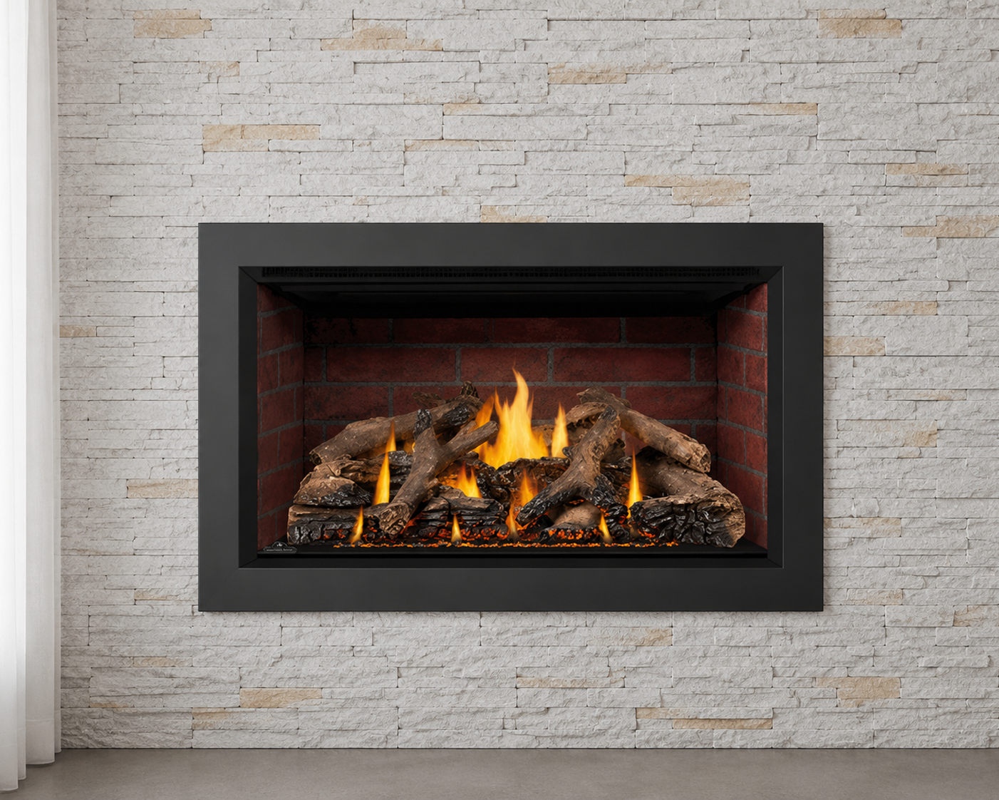 Napoleon Oakville gas fireplace with traditional logs and realistic flames