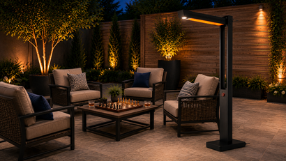 Patio seating area with freestanding heater and fire table