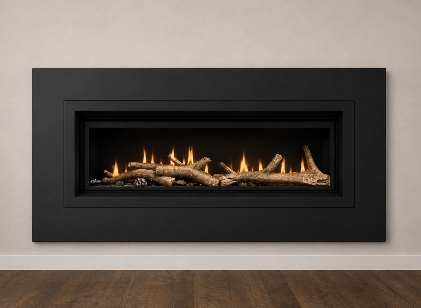 Napoleon Luxuria 62 linear gas fireplace with modern wall finish and realistic flames