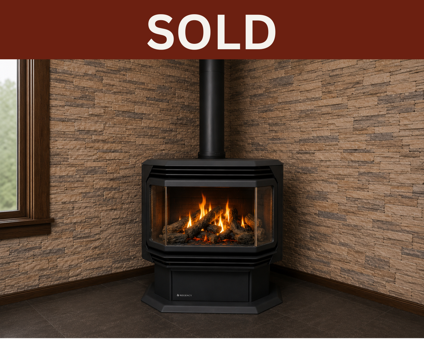 Regency U39E freestanding gas stove with realistic flames and stone wall backdrop