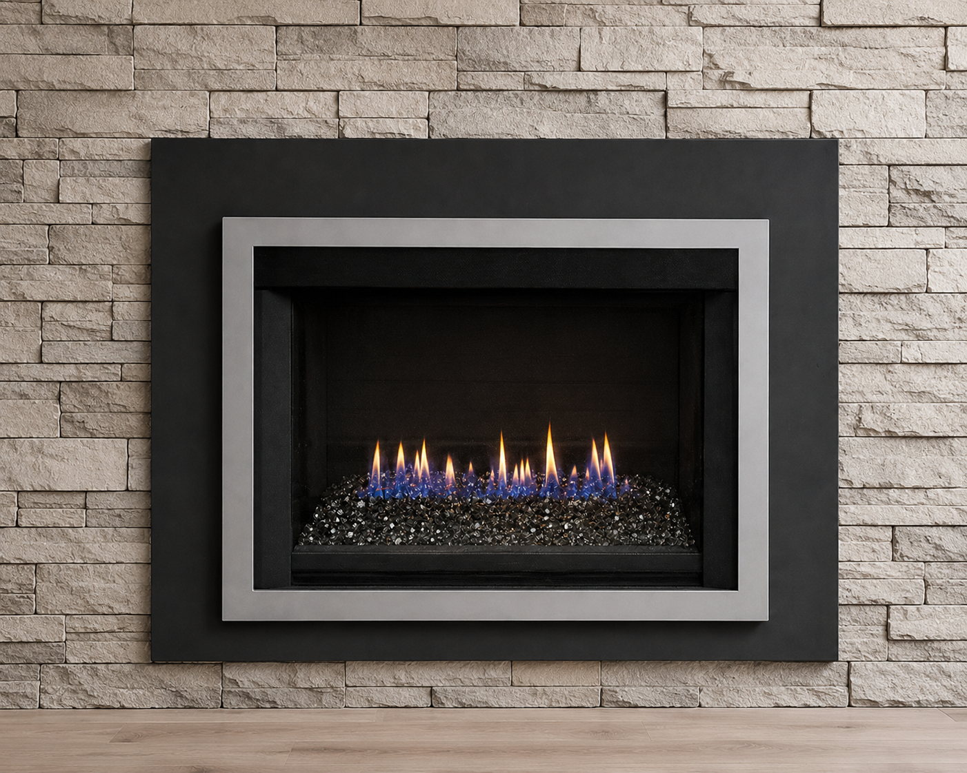 Regency HR13E gas insert with clean black surround and glowing flames