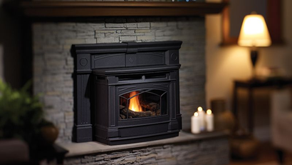 Pellet insert burning inside a traditional fireplace opening