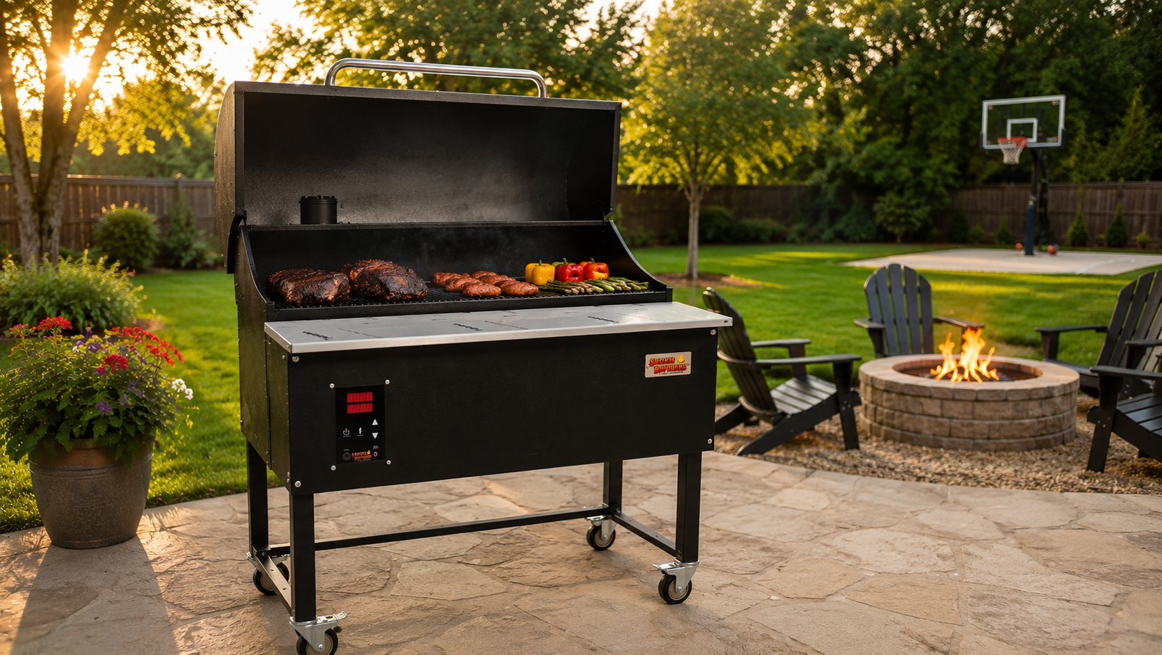 Pellet smoker grill on backyard patio with outdoor cooking and smoking setup