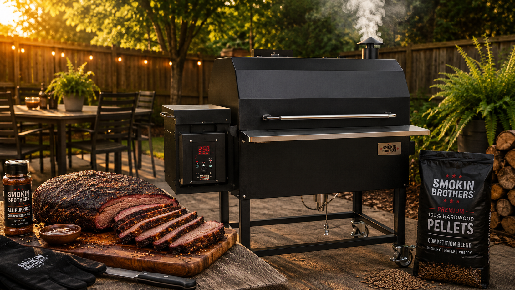 Smokin Brothers pellet smoker with digital controls and hardwood pellet cooking capabilities