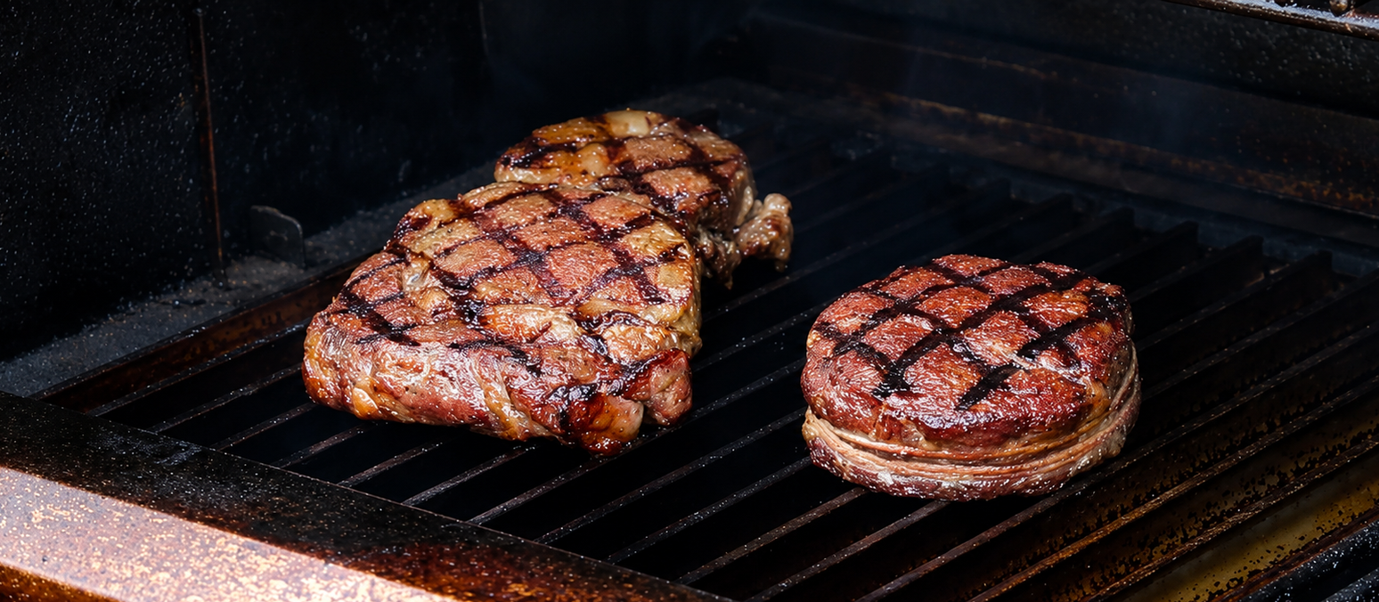 High-heat seared ribeye steak cooking over live fire on a pellet grill