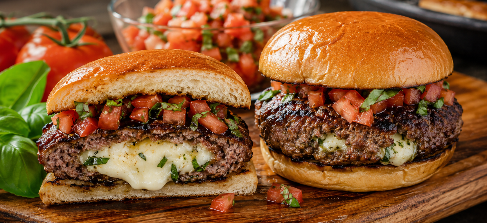 Mozzarella-stuffed burgers topped with basil and tomatoes on a gas grill