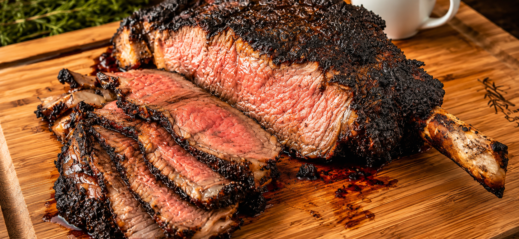Espresso-crusted cowboy ribeye sliced on a cutting board with smoky bark and medium-rare center