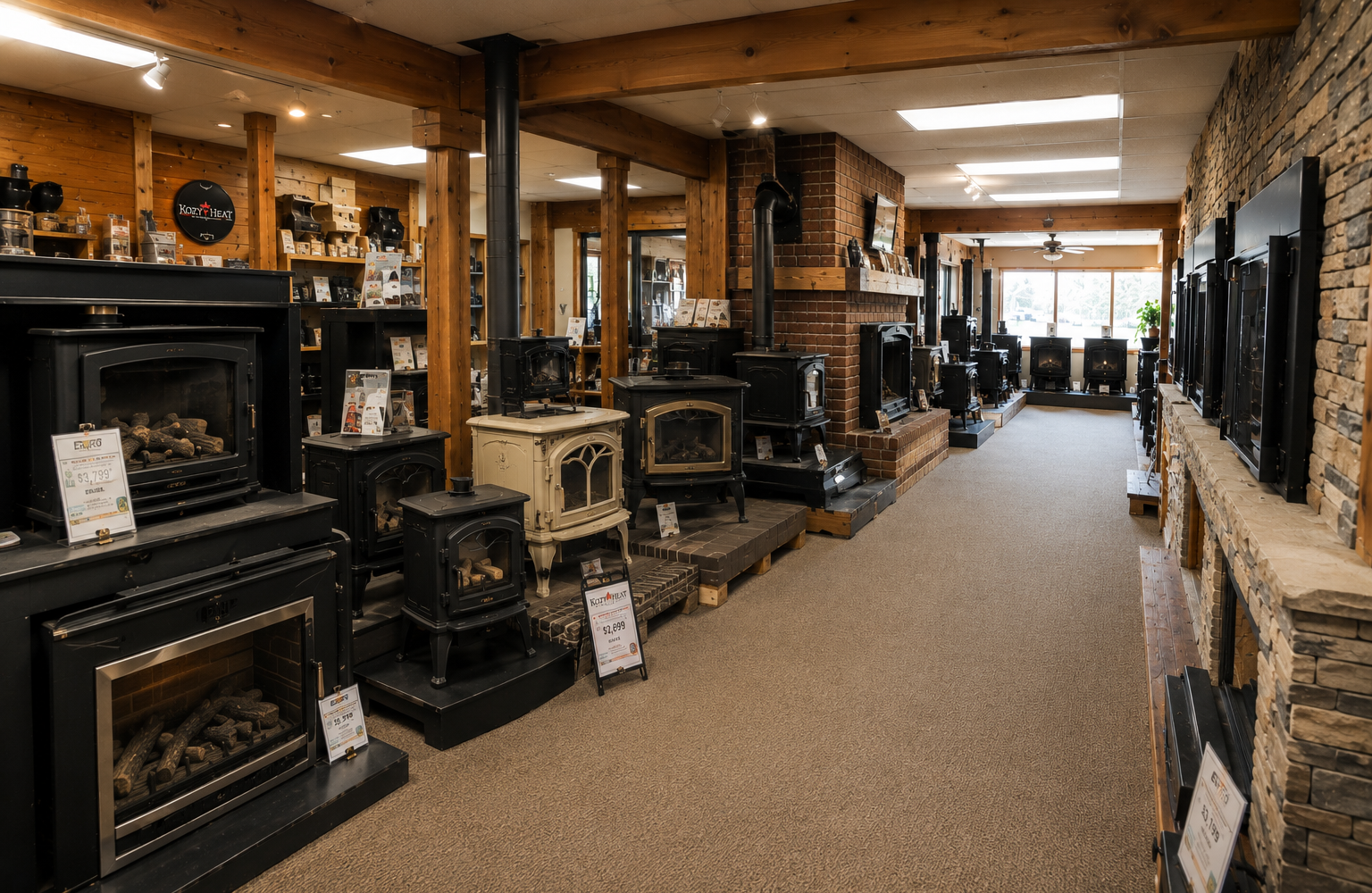 Indoor fireplace and wood stove displays inside Capital City Stove & Grill Center showroom in Olympia WA
