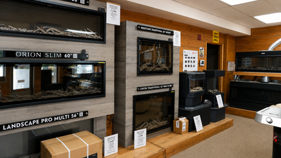 Electric fireplace display wall inside the Olympia showroom