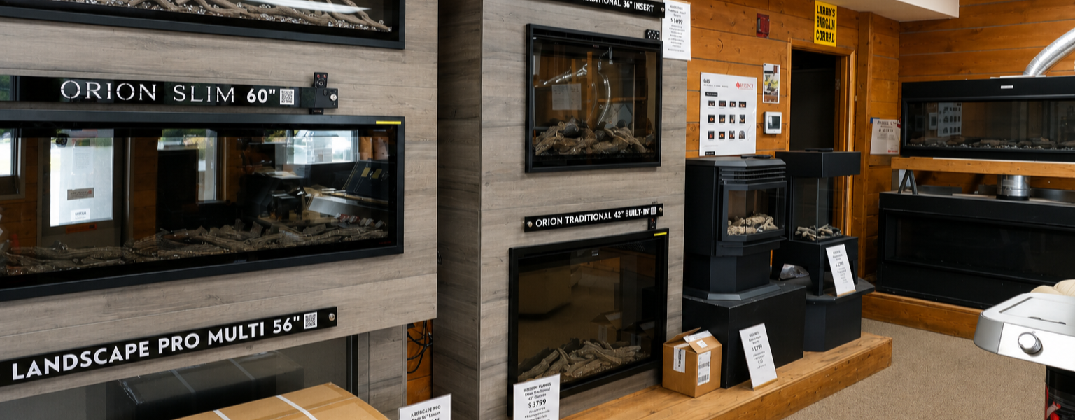 Electric fireplace display wall inside the Olympia showroom