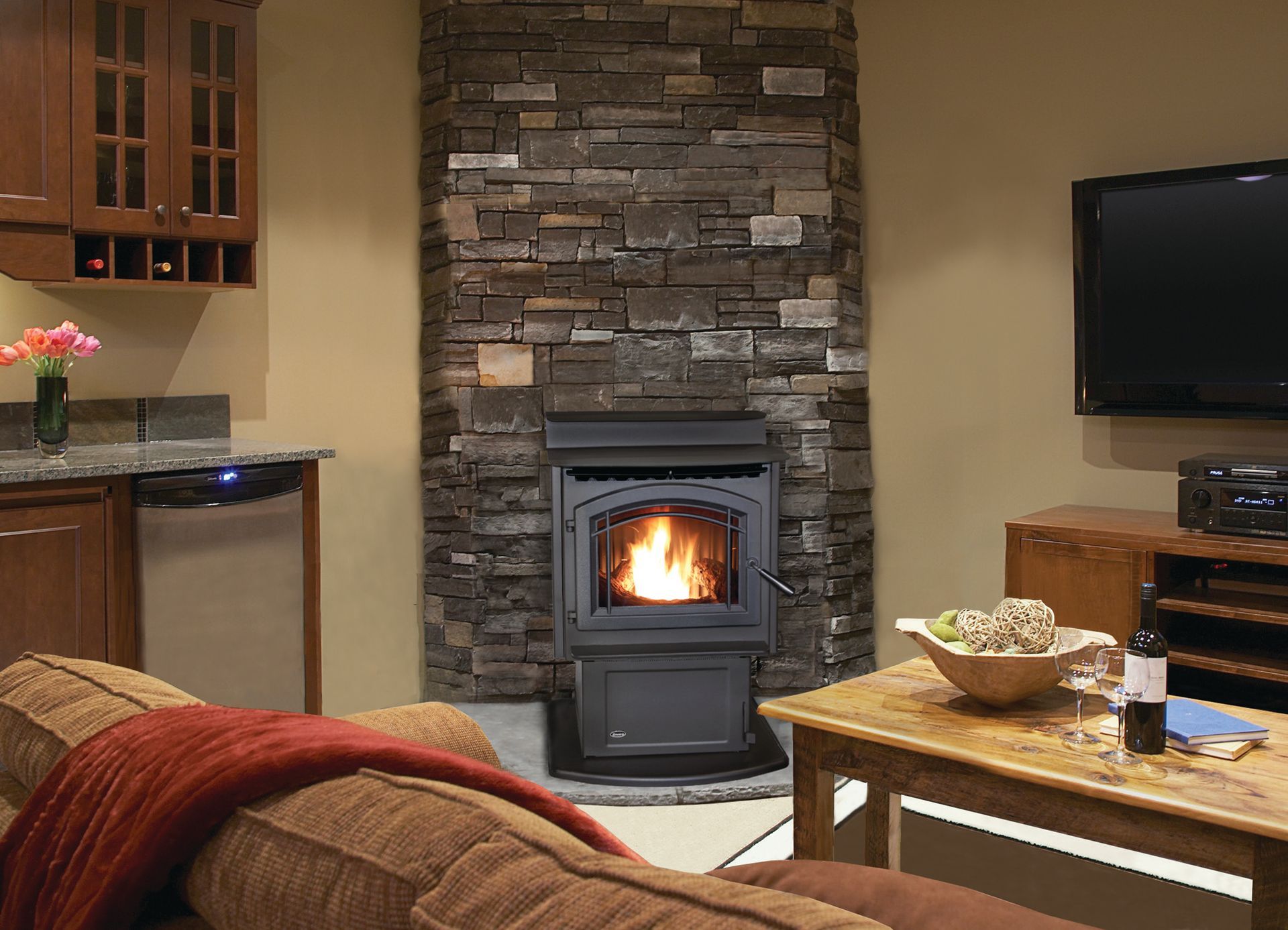 Contemporary pellet stove creating a warm and inviting atmosphere in a living space