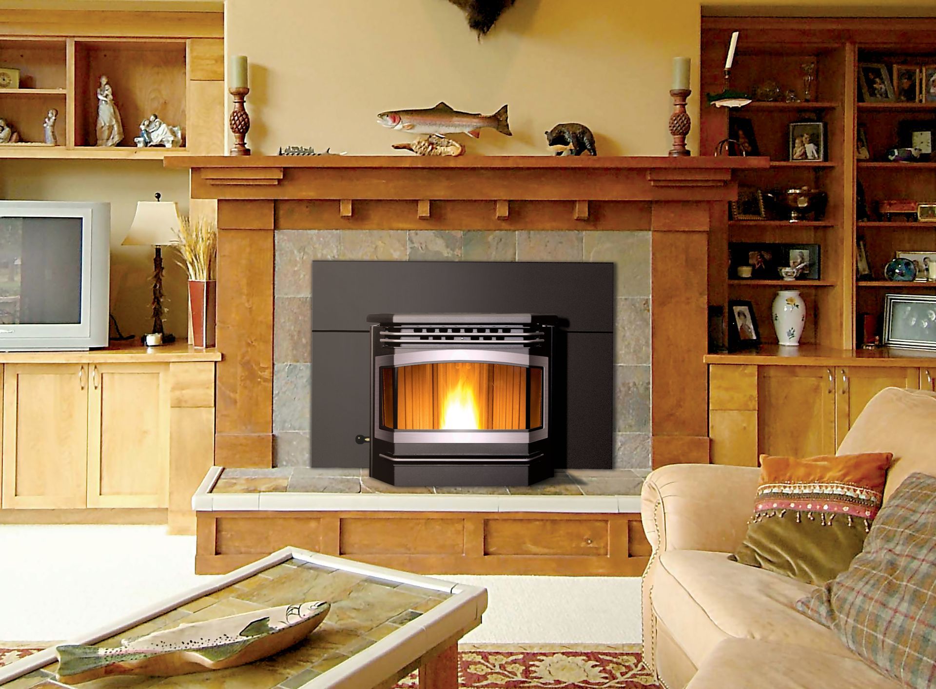 Pellet insert delivering convenient heating and realistic flame presentation for homeowners