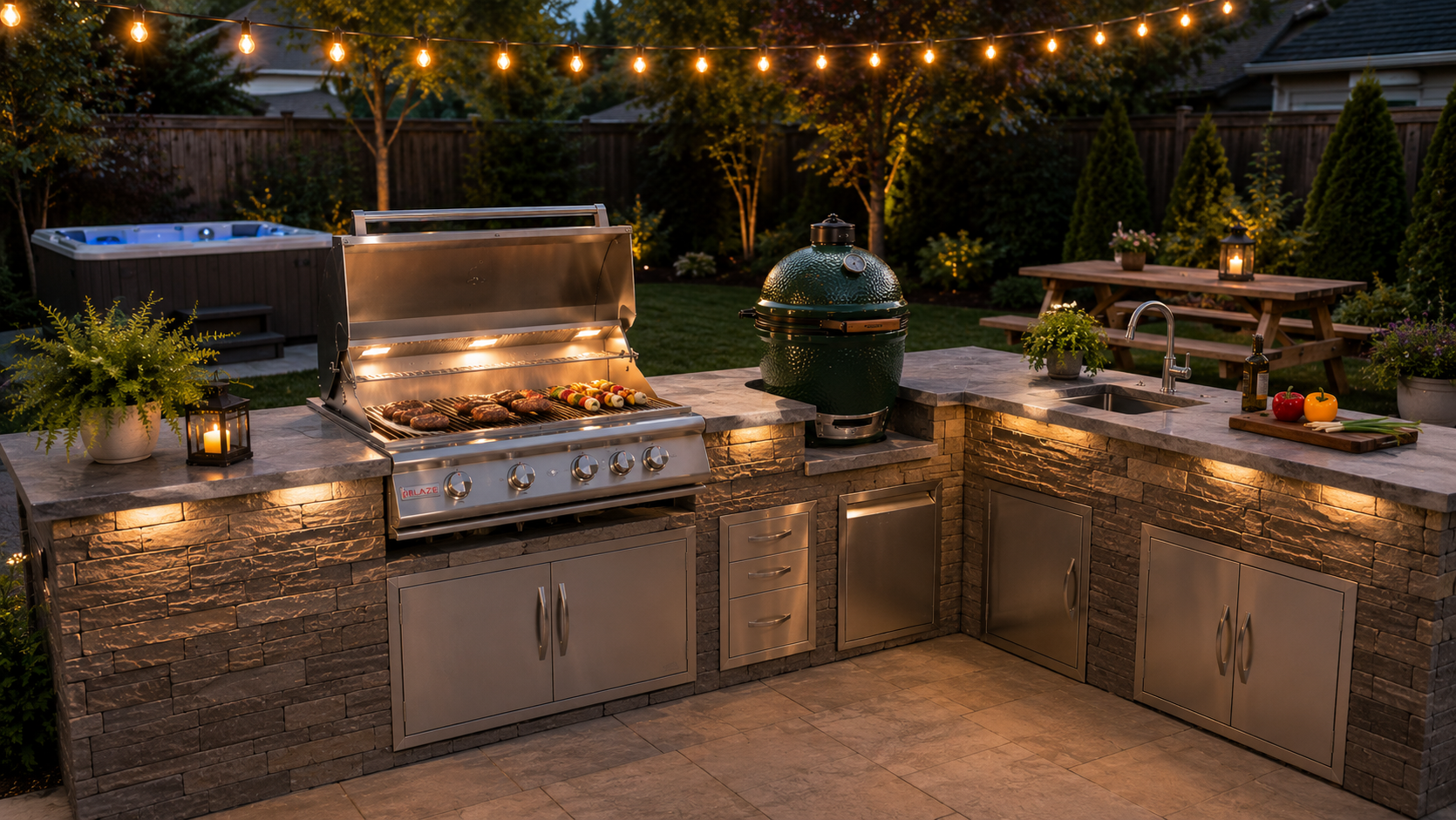 Custom outdoor kitchen with built-in grill, countertop space, and backyard entertaining area