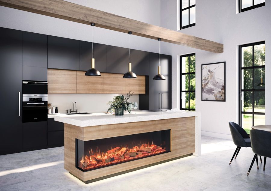 Electric fireplace in a kitchen island available at Capital City Stove in Olympia, WA