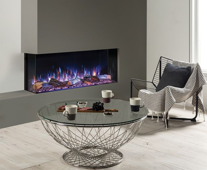 Contemporary electric fireplace with realistic flame effects and clean architectural lines