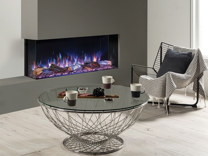 Modern linear electric fireplace with colorful flames and contemporary styling