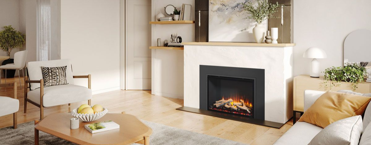 Modern electric fireplace in a bright living room setting