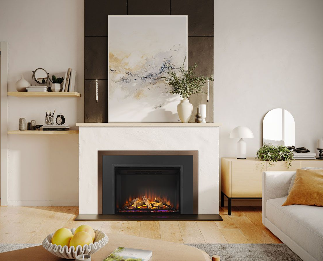 Contemporary fireplace surround featuring an electric insert and inviting ambiance