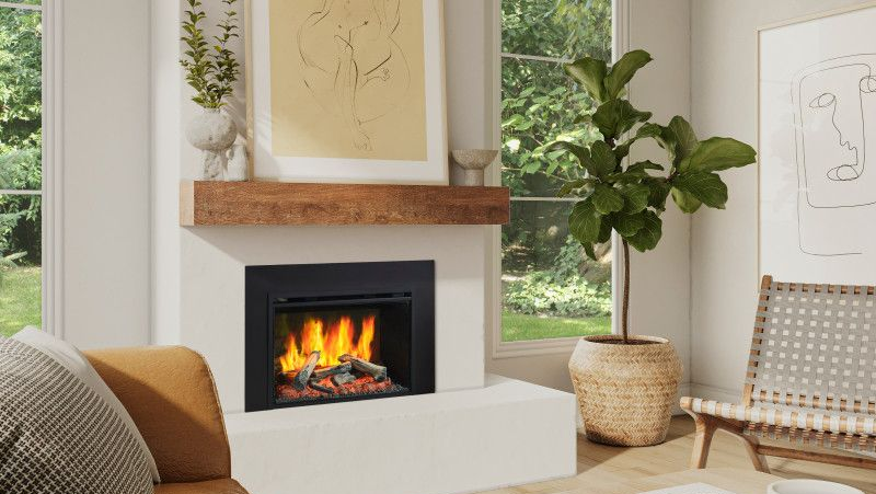 Linear electric fireplace in a clean modern living room