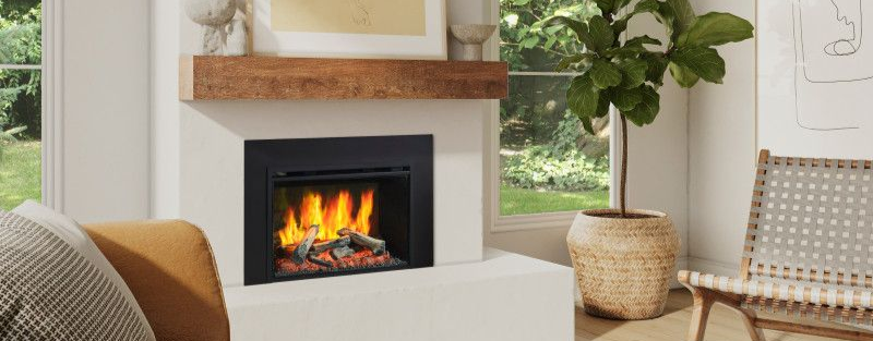 Linear electric fireplace in a clean modern living room