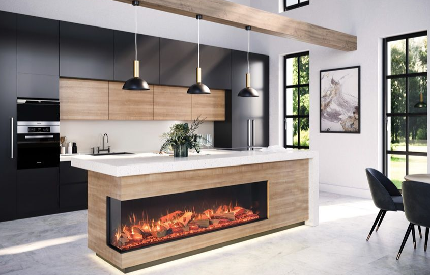Electric fireplace in a kitchen island available at Capital City Stove in Olympia, WA