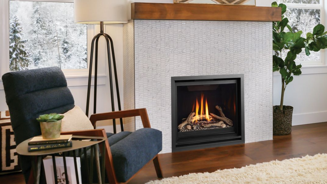 Modern gas fireplace installed in a contemporary living room with clean surround and warm flame display.