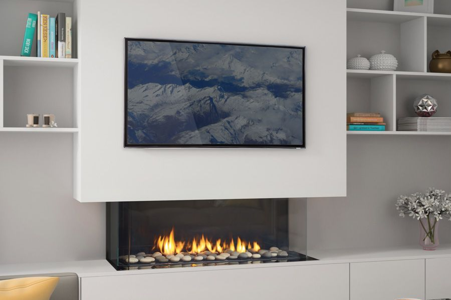 Indoor gas fireplace with glowing flames and efficient heat in Aberdeen, WA