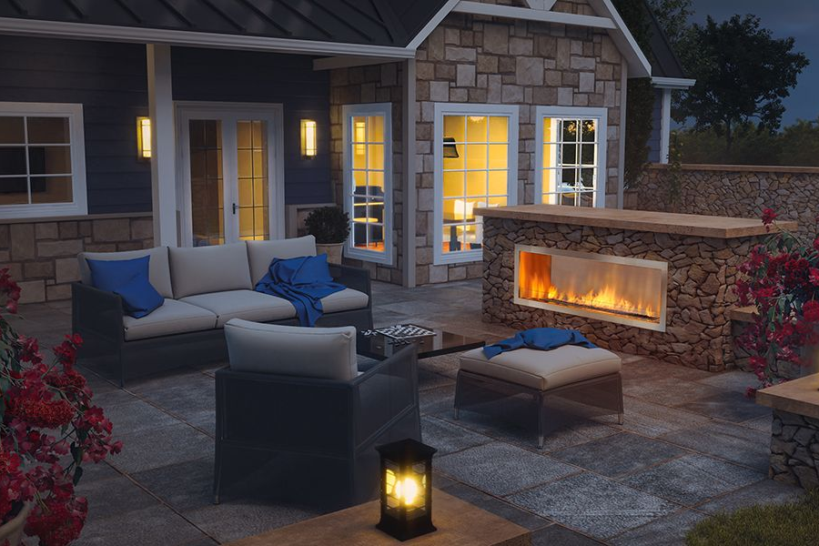 Outdoor gas fireplace on the patio overlooking the water in Ocean Shores, WA