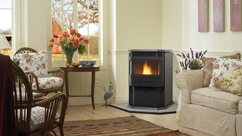 Pellet stove in a bright living room with floral décor