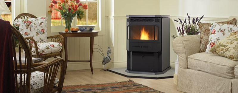 Pellet stove in a bright living room with floral décor
