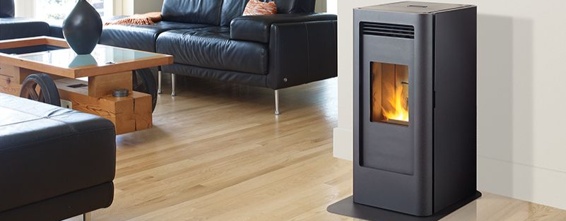 Pellet stove in a modern living room with leather seating