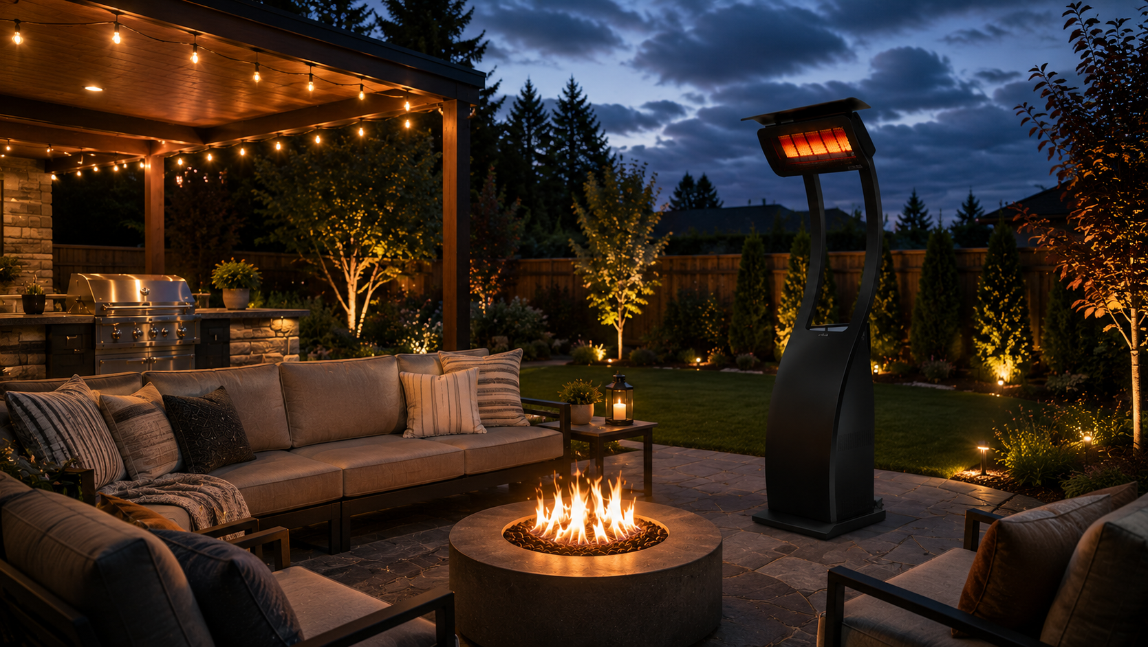 Backyard seating area with freestanding patio heater, fire table, and landscape lighting