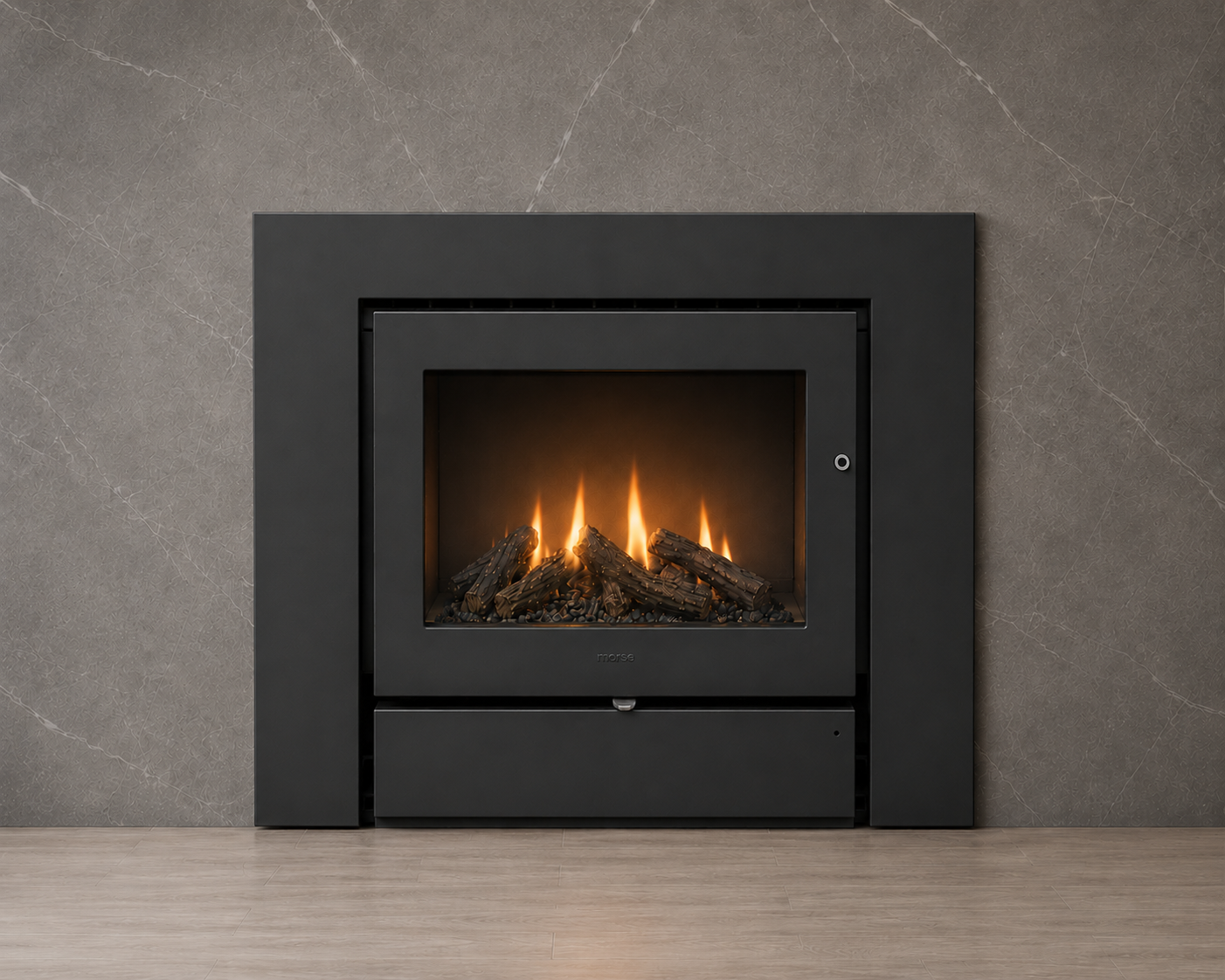 Morso 5660 wood insert with modern black surround and large viewing area