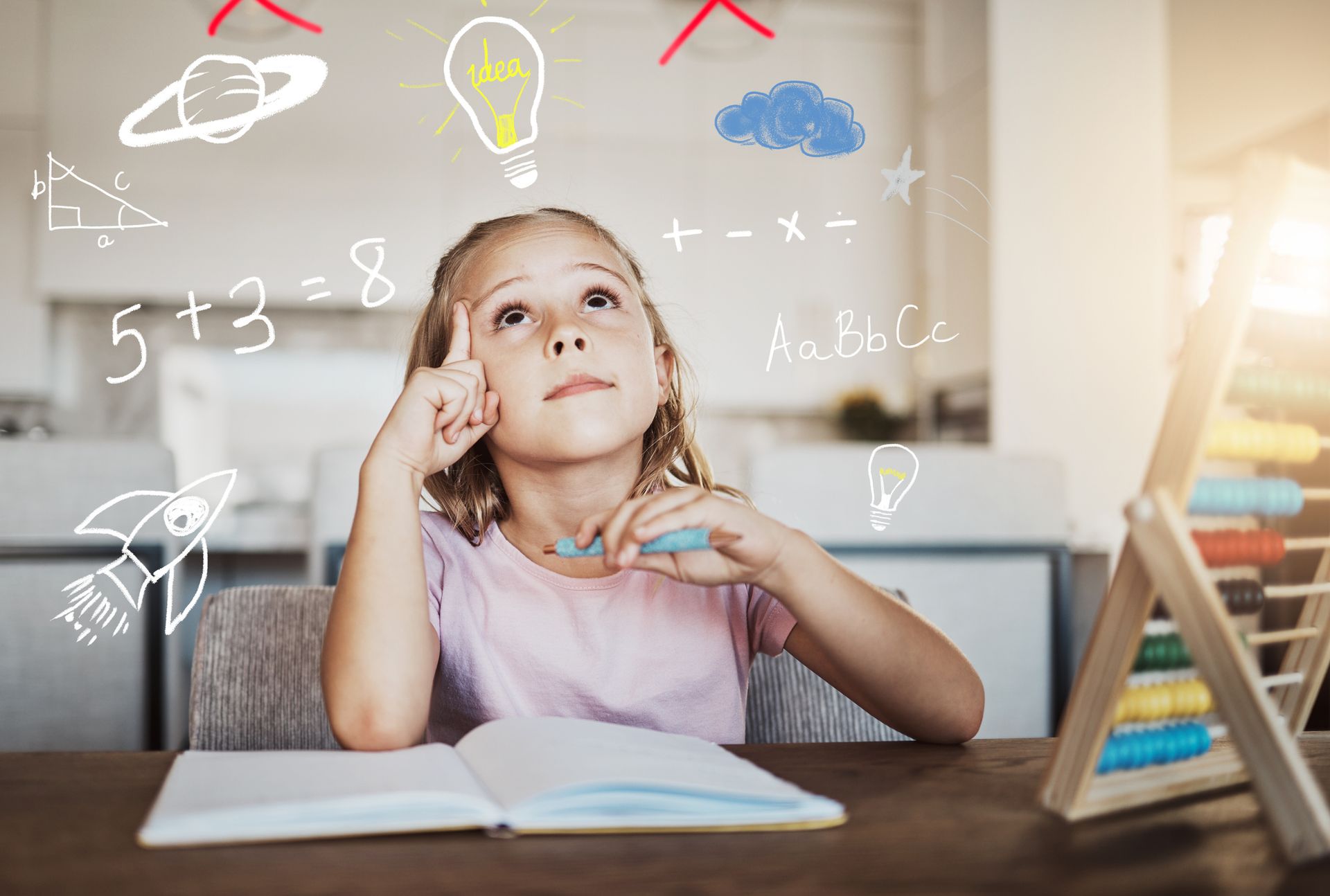 Young girl with finger on her temple, looking up with thoughts of math and space.