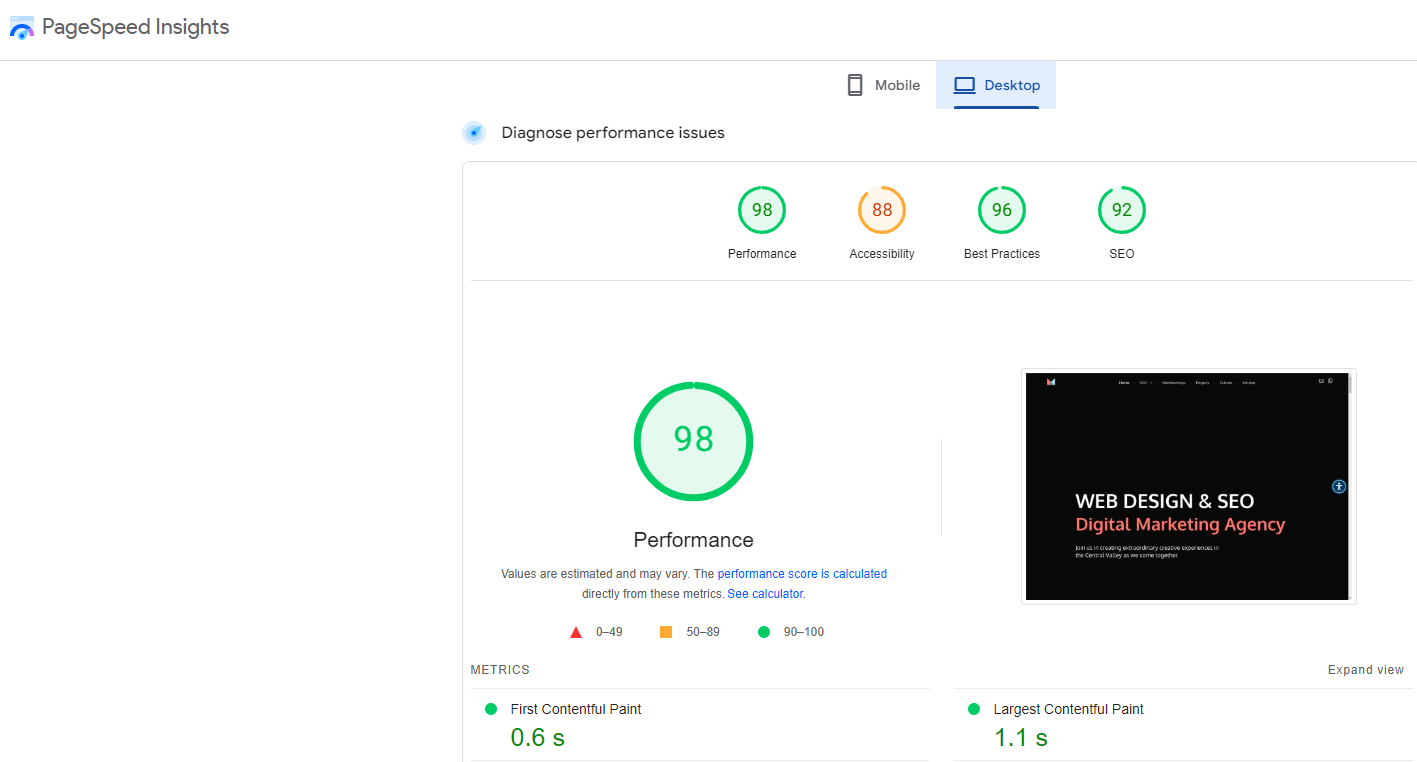A screenshot of a website with a score of 98 on it.