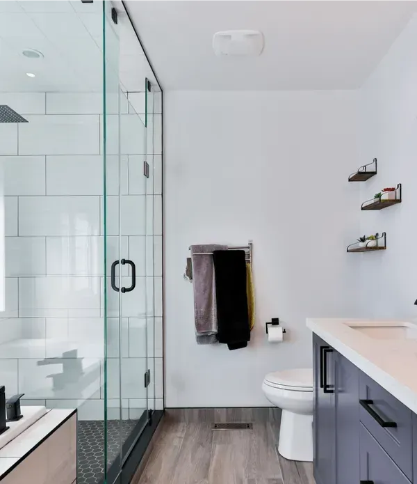A bathroom with a toilet a sink and a walk in shower
