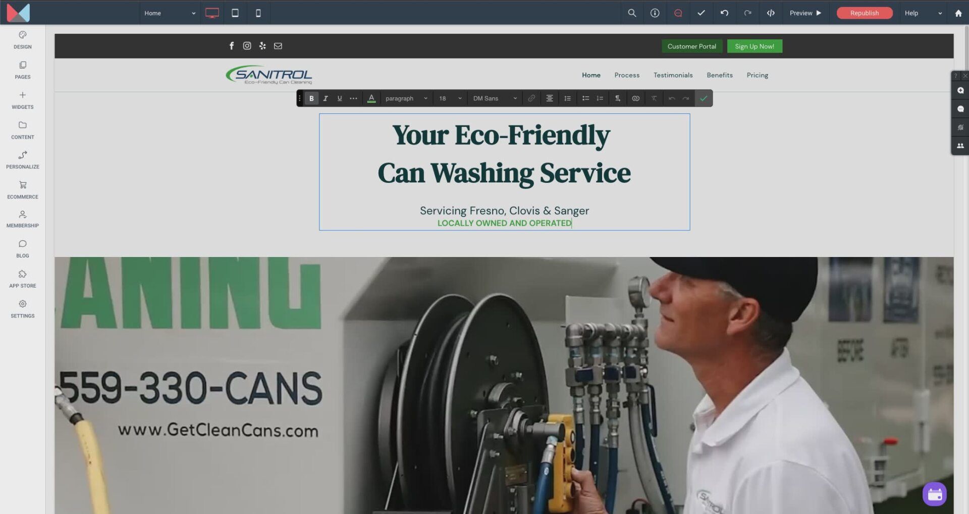 A man is standing in front of a machine that says ' your eco-friendly can washing service ' on it.